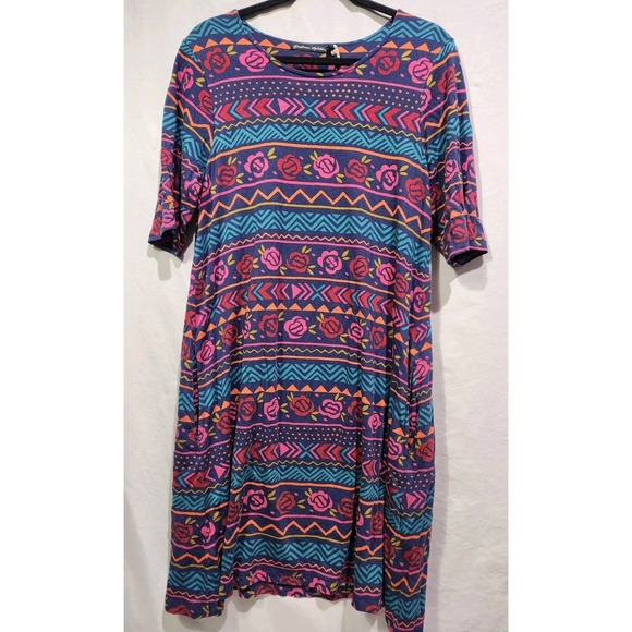 Gudrun Sjödén Organic Cotton‎ Multicolor Geo Floral Short Sleeve Midi Dress M